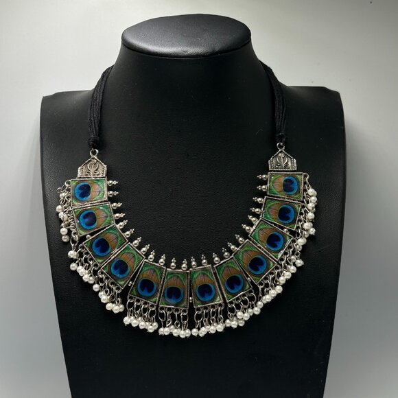 3/$30 Peacock Statement Necklace Silver Adjustable Fabric Cord Beaded Jewelry - Picture 3 of 11